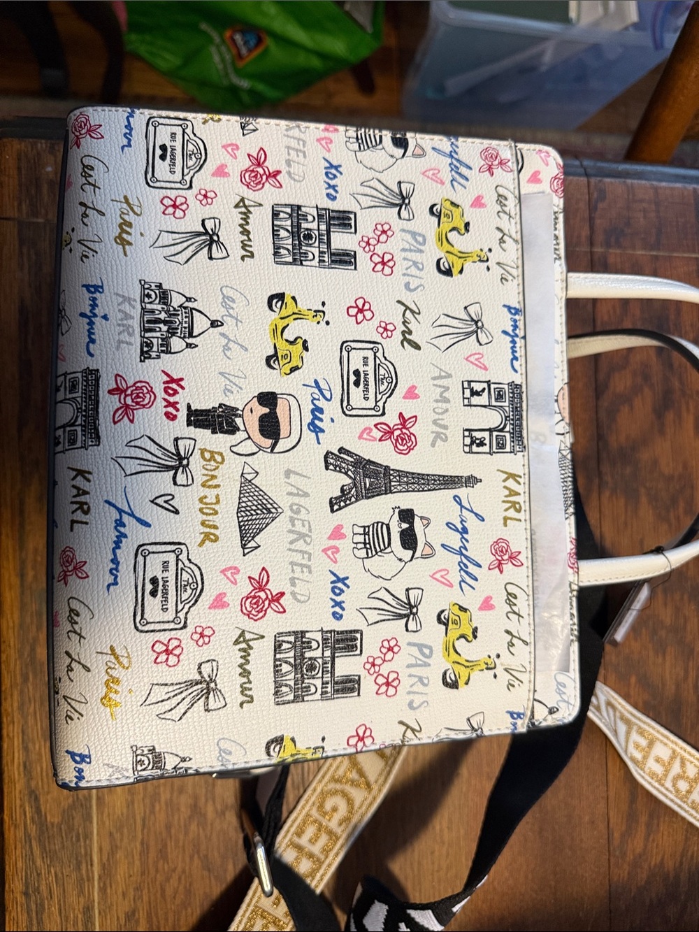 Karl Lagerfeld White Paris Graphic Shoulder Tote with Multicolor Accents